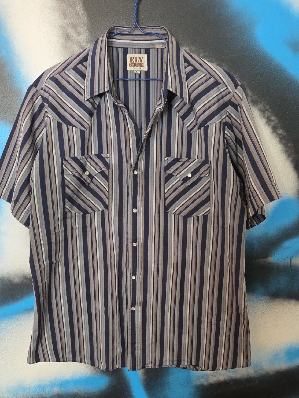 Ely Cattleman Navy and Light Blue Striped Short-Sleeve Snap Button Western Shirt